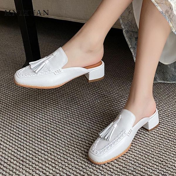

dress shoes handmade fashion mules women pumps block heels 2021 genuine leather square toe tassel medium heel white big size 34-43, Black