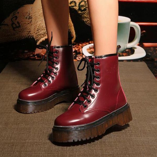 

boots lace up flat heels fur cotton padded platform shoes woman leather military botas mujer drop womens winter ankle, Black