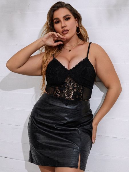 

plus guipure lace insert mesh cami i7is#, Black