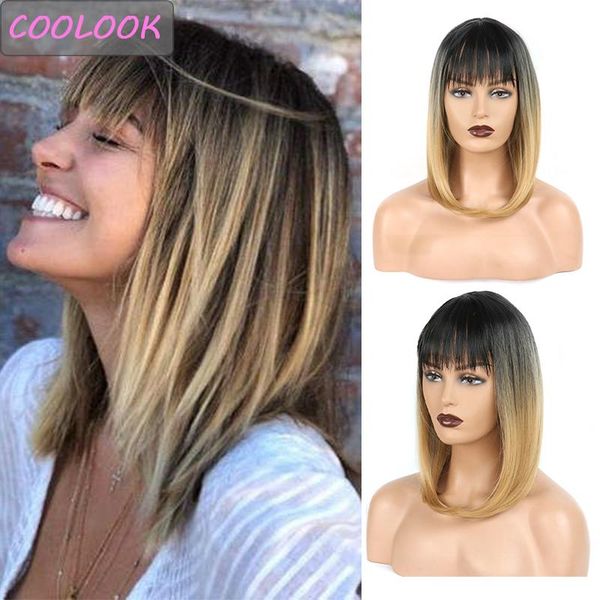 

synthetic wigs afro straight hair wig with bangs 14 inches ombre brown blonde cosplay bob for black women natural false