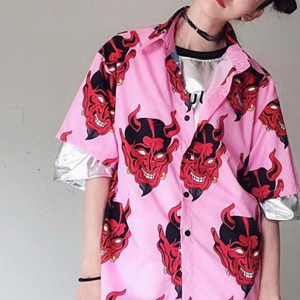 

cartoon women blouses print shirt womens button short sleeve turndown collar casual blouse femme loose chemises, White