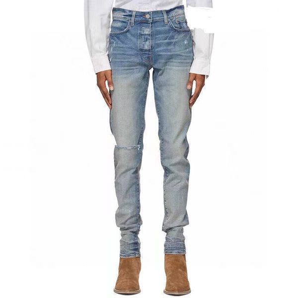 

am style buckle knee single knife cut used washing water broken hole damaged jeans fog fashion slp, Blue