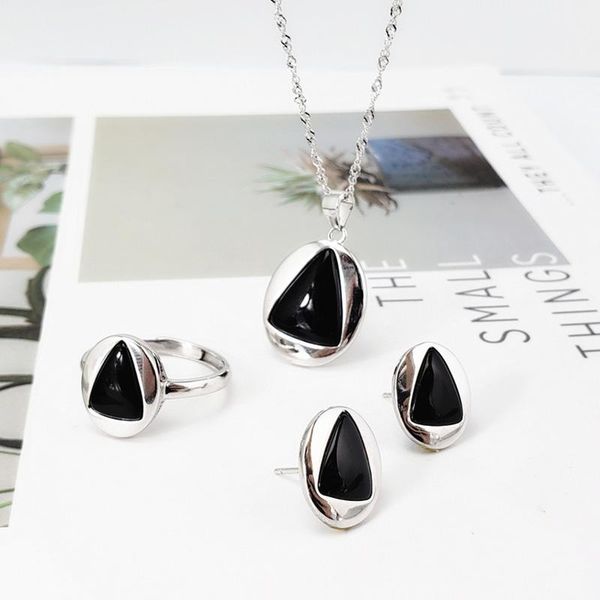 

bracelet, earrings & necklace genuine solid s925 silver jewelry set minimalist design women's accessories with natural black onyx gemst