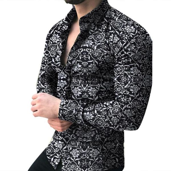 

men's casual shirts fashion men floral print slim fit clothing/shirts for long sleeve button turn down collar shirt, White;black