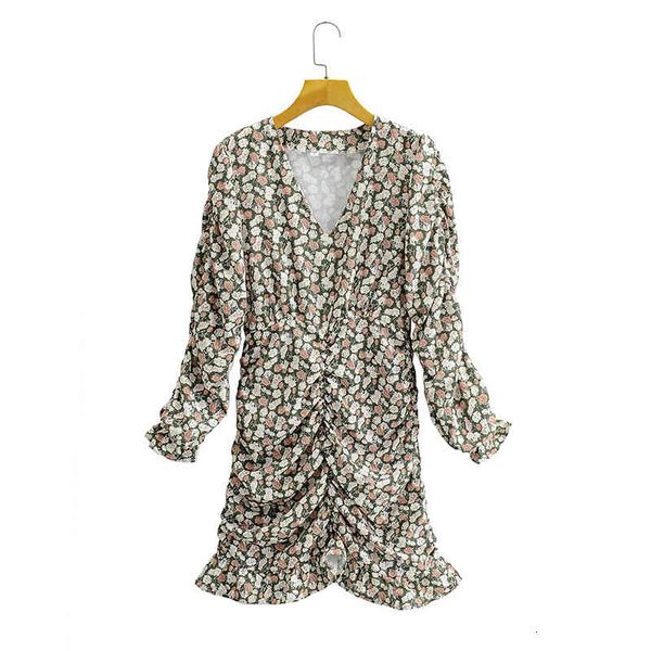 

casual dresses women new summer fold floral print v-neck character mini long sleeve dress chic casual loose vjet, Black;gray