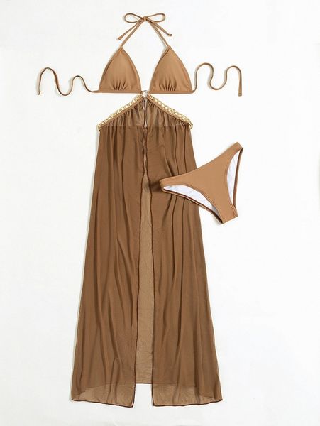 

ring linked halter cover up with bikini bottom c2y7#, White;black