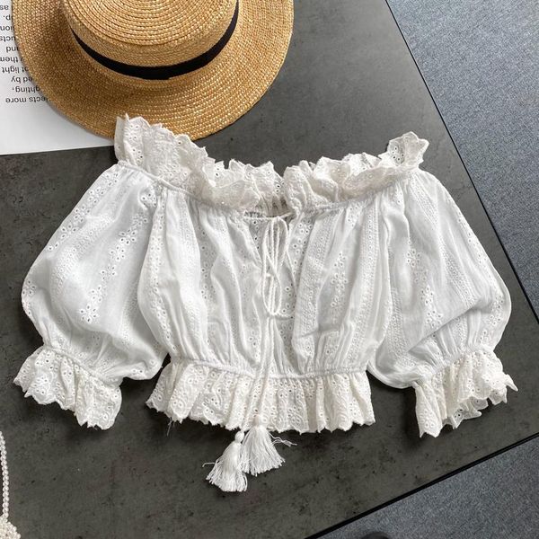 

women's blouses & shirts french retro court wind wood ears, shoulders, salt, sweet bubbles, sleeves and breast., White