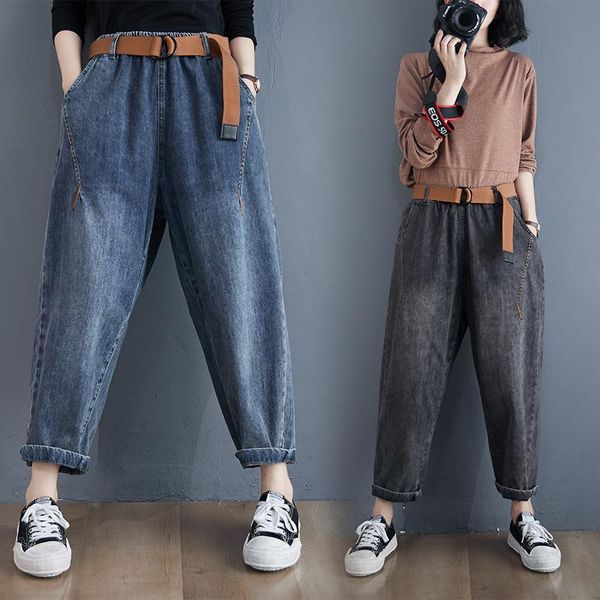 

ladies high waist elastic harem pants spring autumn loose large size casual trousers were thin wild lady denim f138 women's & capris, Black;white