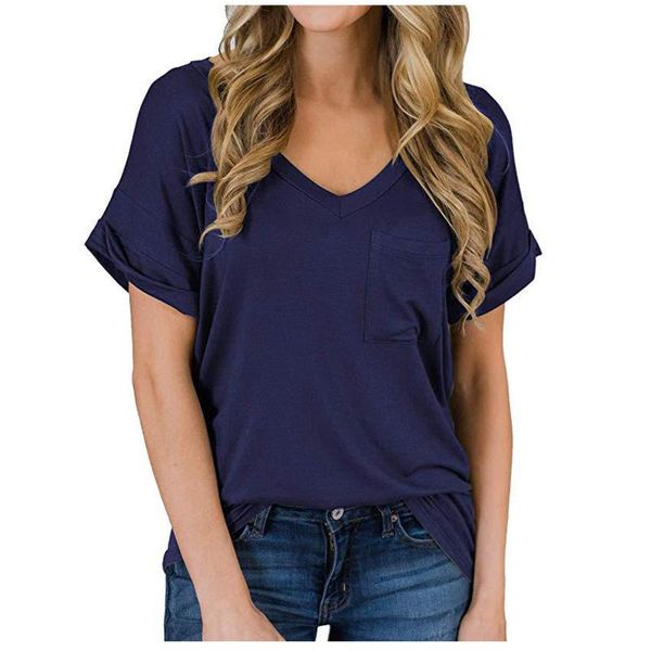 

solid color woman t-shirts casual v-neck pocket ruffled loose fashion short sleeve slim summer ladies tee ropa mujer women's t-shir, White