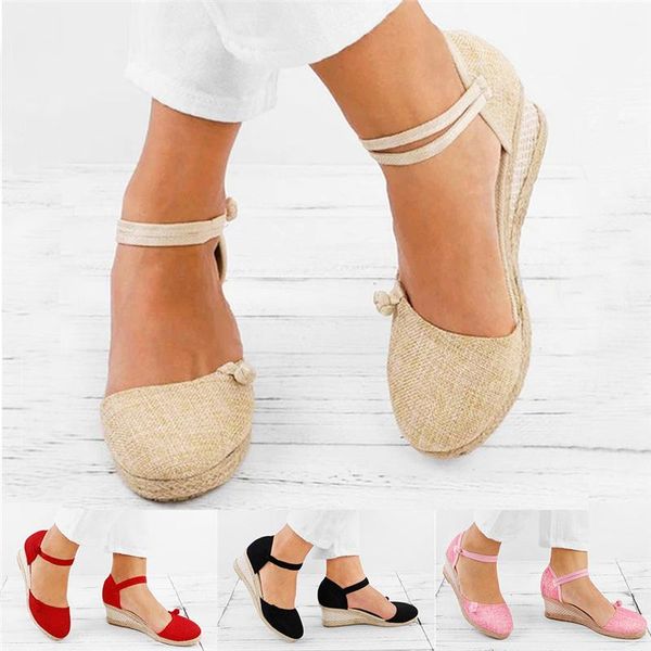 

sandals women straw rope ladies retro linen canvas wedge round toe casual singles shoes closed sandal, Black