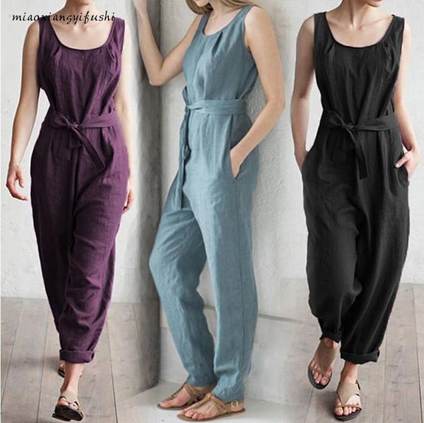 

spring summer sleeveless vest elegant pants high waist belt cotton breathable casual jumpsuit trousers womens joggers, Black;white