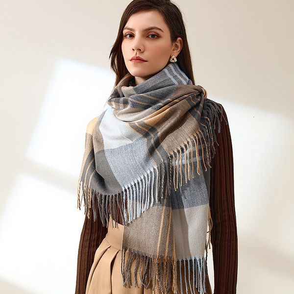 

2021 autumn and winter plaid printing imitation cashmere women's street warm scarf shawl, Blue;gray