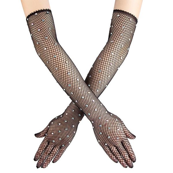 

five fingers gloves women elastic mesh with colored flash diamonds bungee stage performance mitten hollow fishing net punk hip hop glov, Blue;gray