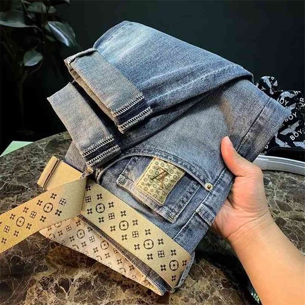 

yl ins men's jeans classic style business casual advanced stretch regular fit denim trousers grey blue hip hop pants male 210714