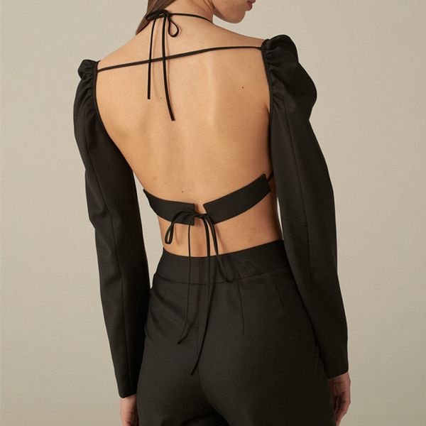 

open back halter crop long sleeve female tshirt white black 2021 trend fashion women spring n33-cz15