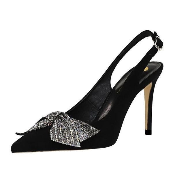 

sandals women high heels shoes flock shallow mouth pointed toe hollow out crystal butterfly-knot female, Black
