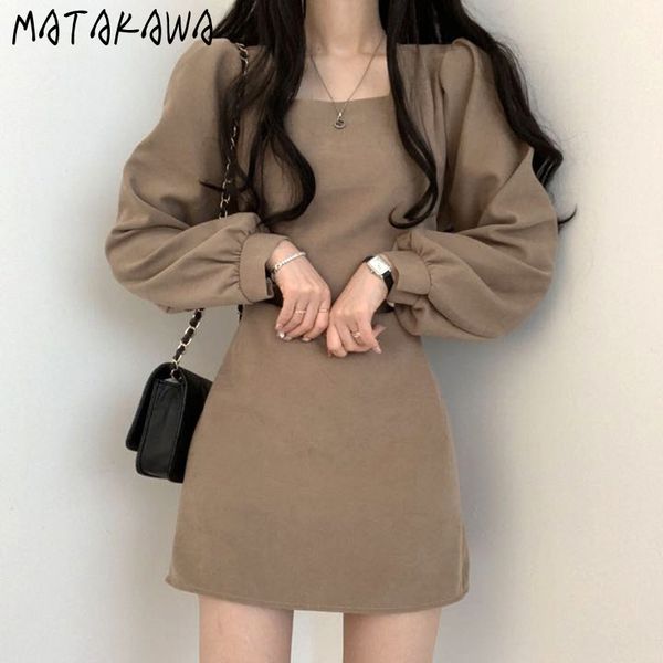 

matakawa square neck puff sleeve slim waist femme robe korea chic autumn retro vestido feminino short long sleeve dress women 210513, Black;gray