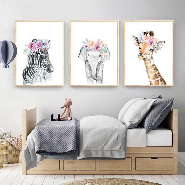 

paintings nursery modern flower animal lion zebra elephant giraffe wall art canvas print poster painting picture kids baby bedroom decor