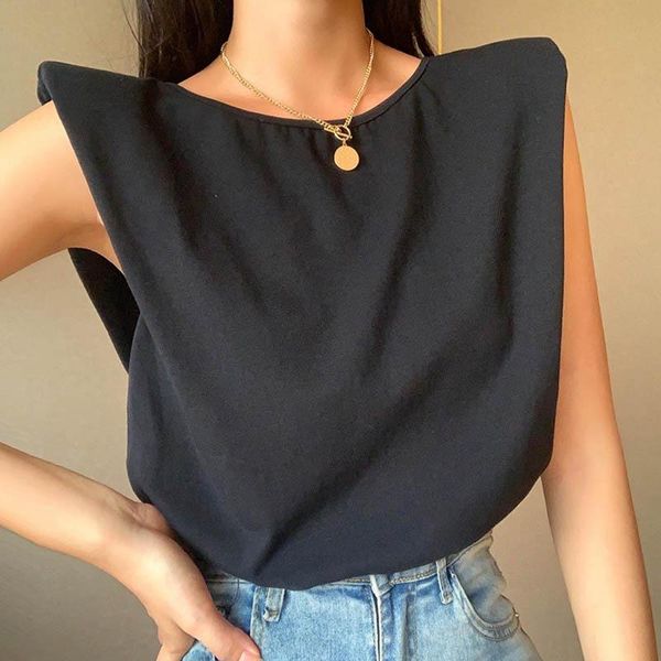 

women's t-shirt shoulder pad o-neck chain backless women loose black sleeveless woman's simple casual t-shirts 3xl woman 2021, White