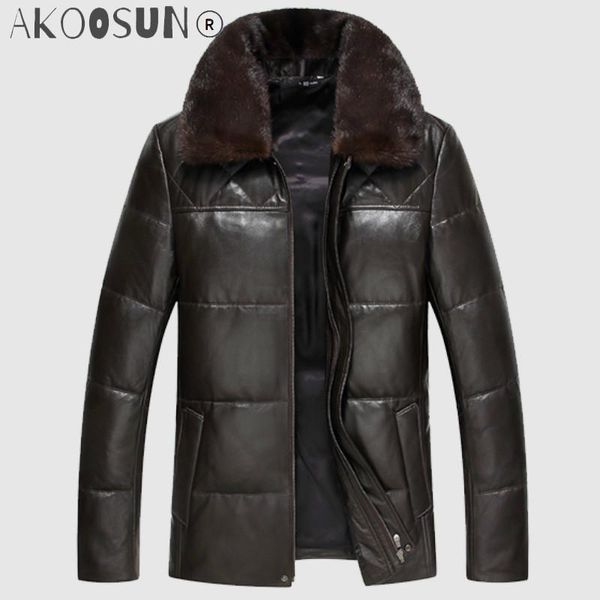 

men's leather & faux akoosun jacket winter real sheepskin coat genuine down men collar couro legitimo 91888, Black