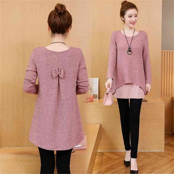 

fake two pieces blusas mujer women spring autumn plus size bow casual elegant long blouses sleeve o-neck femininas 210513, White