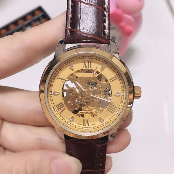 

luxury men watch mechanical automatic movement leather strap diamond gold designer wristwatches mens watches christmas gifts father's d, Slivery;brown