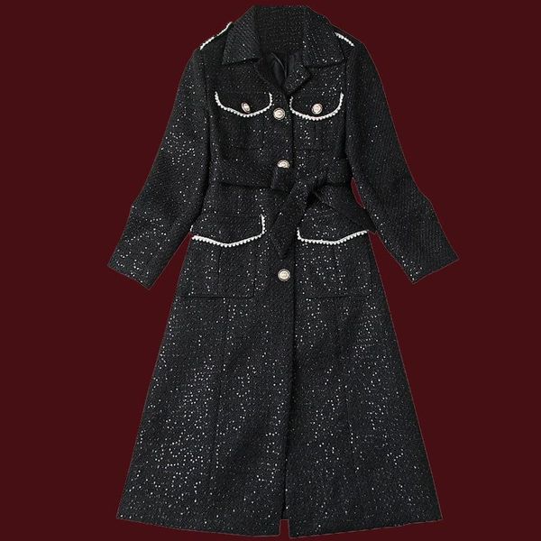 

women's jackets red roosarosee 2022 spring autumn turn-down collar long sleeve white beads sequins slim waist black tweed outwear overc, Black;brown