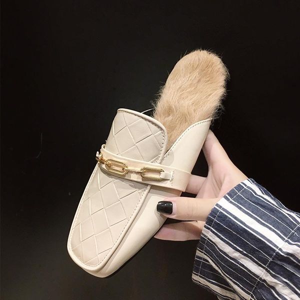 

Slippers Furry For Women To Wear Muller Shoes Flat-Bottomed Fur Half Outer Velvet, Beige