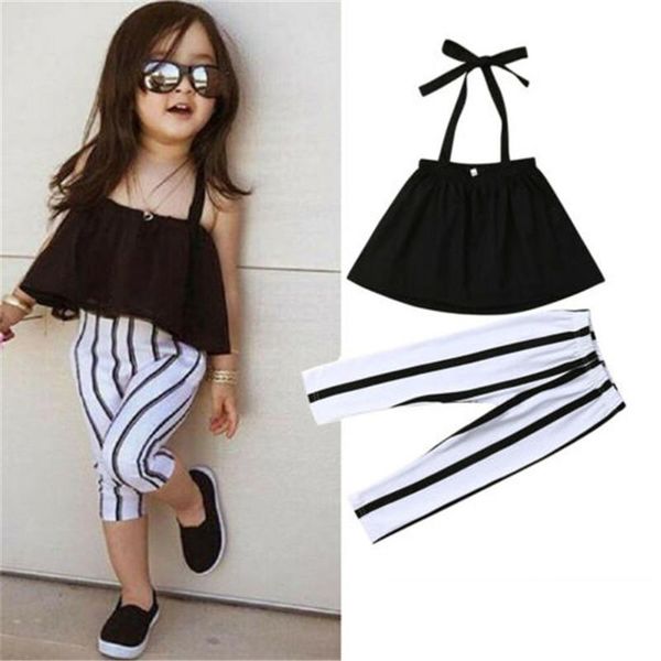

1-5 years infant girls summer clothes set off shoulder solid color crop + stripe pants leggings girl 2pcs casual outfit clothing sets, White