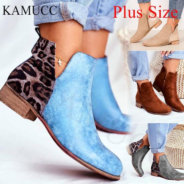 

boots woman vintage leopard low heels women retro pu leather ankle women's zip ladies shoes female short plus size 43, Black
