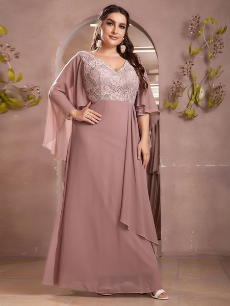 

plus contrast lace cloak sleeve draped side chiffon prom dress a7oc#, Black