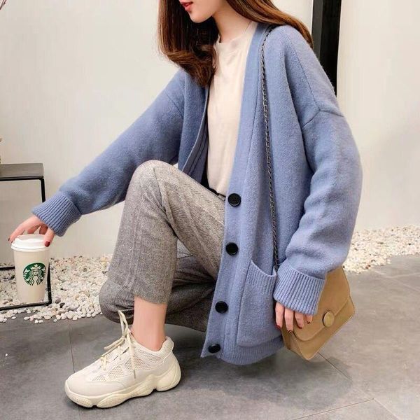 

women's knits & tees 2021 autumn and winter knitted solid color buttons korean loose v-neck fashion temperament sweater cardigan, White
