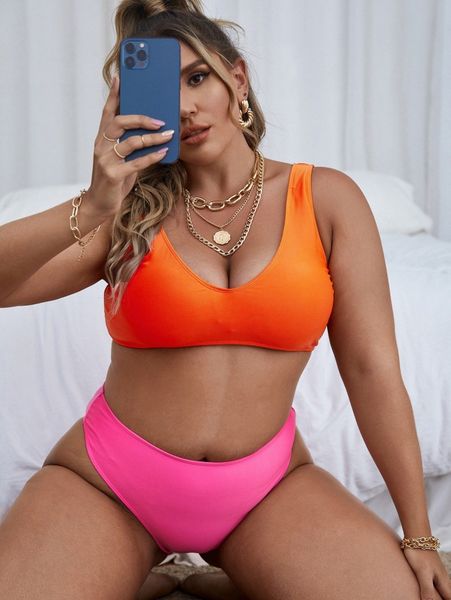 

plus color block high waisted bikini swimsuit d17u#, Black