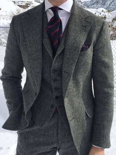 

men suits for wedding formal business groom tuxedo 3 pieces tweed slim fit groom wear coats, Black