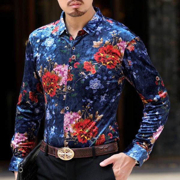 

men's casual shirts red flower men chemise homme slim fit mannen kleding floral velvet shirt 2021 autumn long sleeve business camicia, White;black