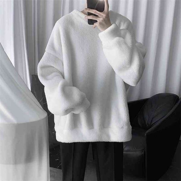 

plush hoodie men's warm sweatshirts fashion solid color casual o-neck sweatshirt streetwear hip-hop loose male pullover hoodies 210819, White