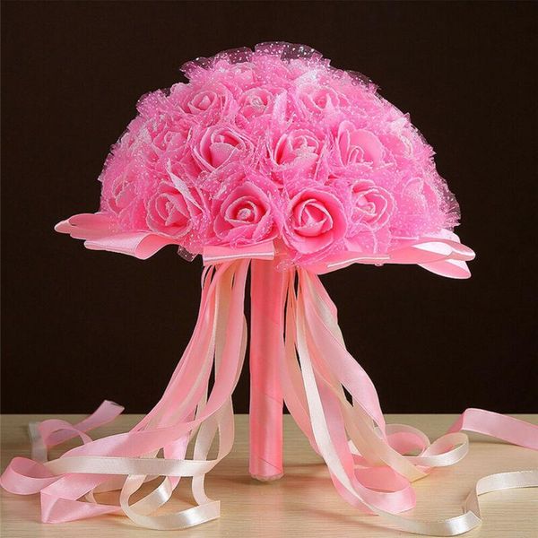 

romantic bridal holding flower wedding artificial rose rhinestone foam bouquet silk bridesmaid decor home party decorative flowers & wreaths