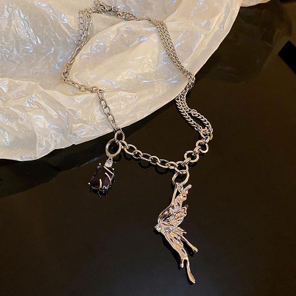 

pendant necklaces lovoacc cool asymmetric double layered butterfly necklace for women female shiny rhinestone chunky chain gift, Silver