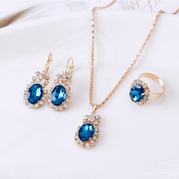 

earrings & necklace 2021 style ornaments set fashion vintage crystal dangle ring and sets for women gift three-piece suit, Silver