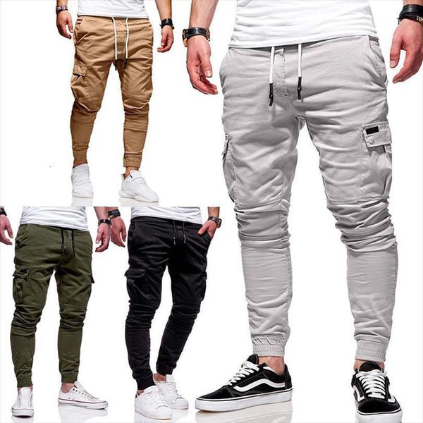 

spring casual trousers autumn women pants sports jogging multi pocket cargo men pure color stitching sweatpants, Black