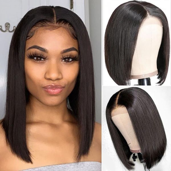 

short lace frontal human hair wigs straight bob wig 4x4 closure for black women natural color brazilian remy hair1, Black;brown