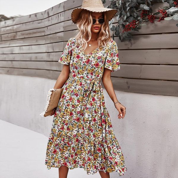 

vintage maxi floral print summer women dress bohemian slim casual high waist bandage beach female vestidos, Black;gray