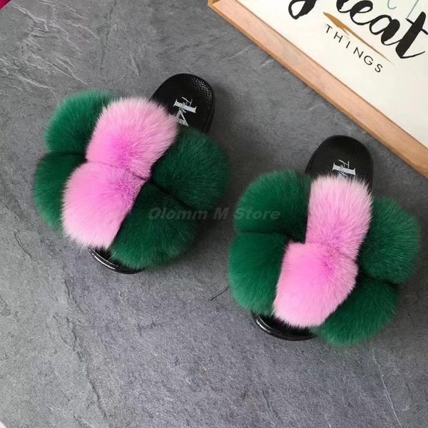 

slippers women fur pom pon furry slides ladies cute ball flip flops plush raccoon sandals fluffy rainbow house shoes, Black