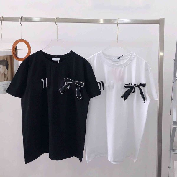 

21 spring summer new diamond bow embroidery letter simple and fresh girl sweet short sleeve, White