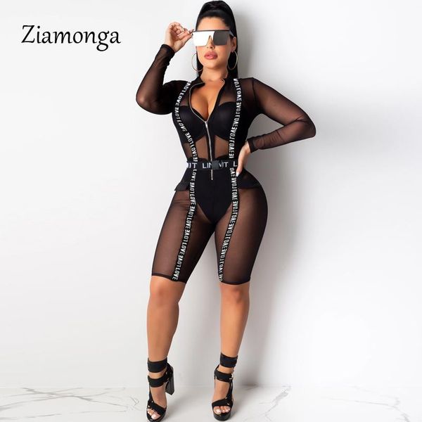 

women's jumpsuits & rompers ziamonga mesh letter printed playsuit women long sleeve romper see through club party bodycon midi jumpsuit, Black;white