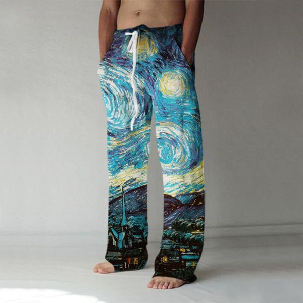 

men's pants lugentolo casual men joggers summer fashion mid waist lace up blue print plus size loose streetwear, Black