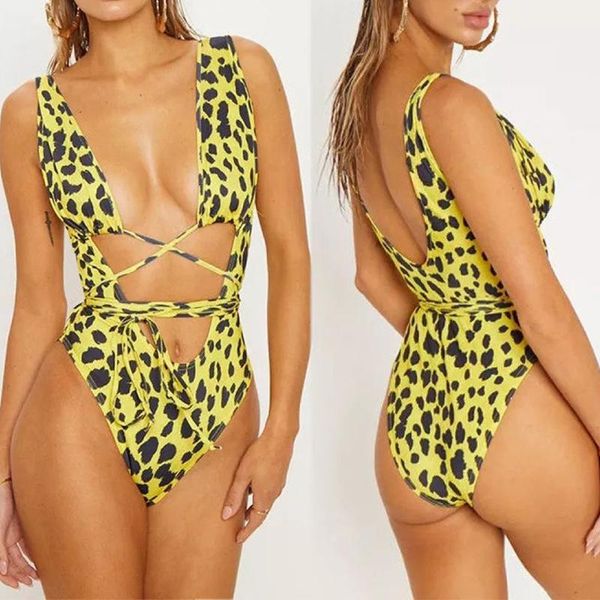 

one-piece suits deep v neck bandage bikini leopard print one piece swimsuit monokini women swimwear female bather bathing suit swim lady