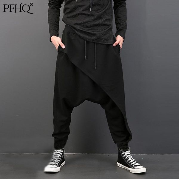

men's pants pfhq 2021 fashion loose solid color european american trend low crotch tie feet harem autumn and winter 21e1075, Black