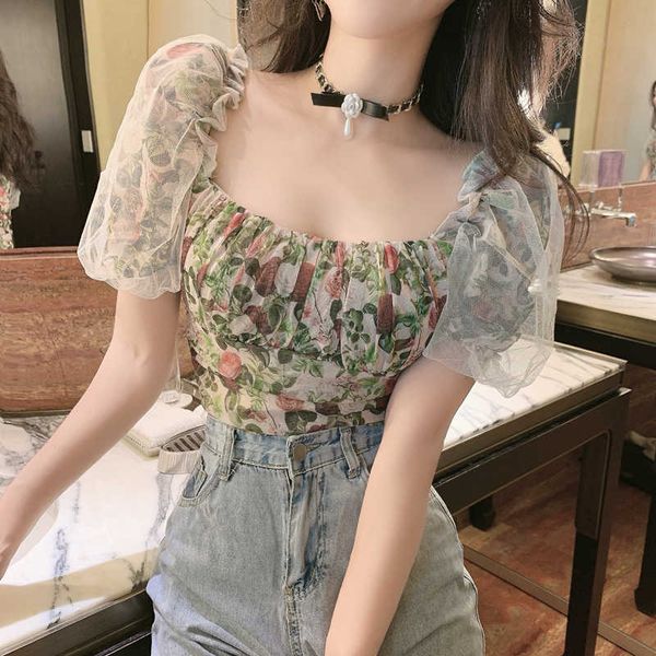 

square neck sweet mesh flowers blouse women fashion summer shirt puff sleeve 210526, White