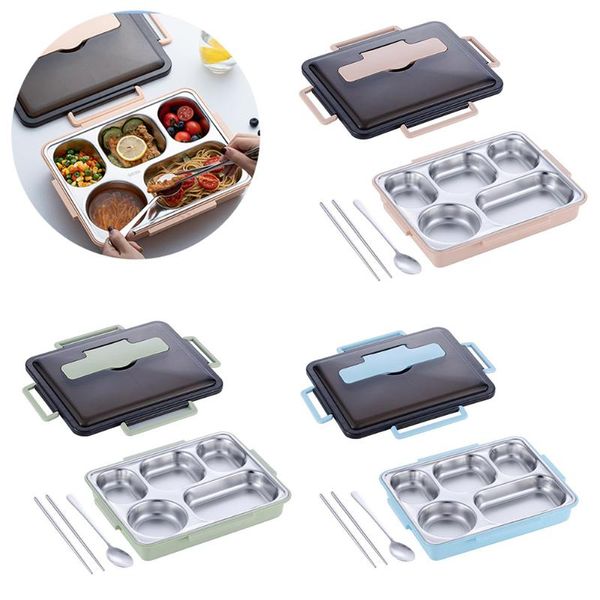 

large bento box leakproof and thermal insulation 304 stainless steel 5 lattice with chopsticks spoon dinnerware sets
